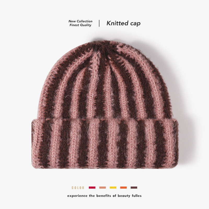 Korean-style color-blocking striped double-layer knitted cap with thickened design, versatile and fashionable for autumn and winter. ins rolled-up woolen cap pairs well with women Item Picture