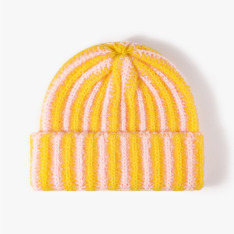 Korean-style color-blocking striped double-layer knitted cap with thickened design, versatile and fashionable for autumn and winter. ins rolled-up woolen cap pairs well with women Specification image