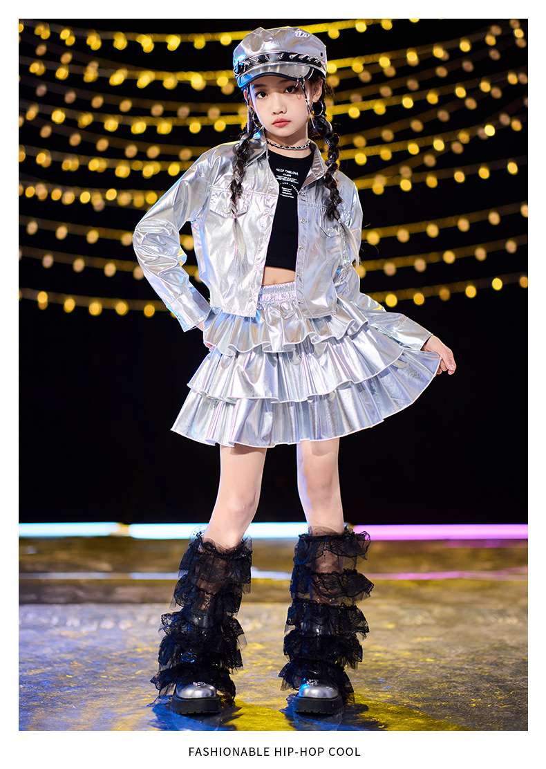 2026世界杯啦啦队服儿童烫金蛋糕百褶裙嘻哈街舞时髦女童爵士舞服装少儿模特走秀演出支持定制加工现货供应cosplay衣服