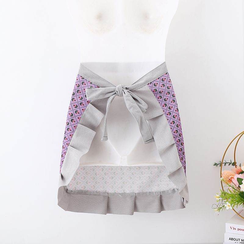 Apron with diamond-patterned floral embroidery, home canvas for cooking, kitchen, waist, half durable, stain-resistant, breathable work clothes, fashionable half apron pic 5
