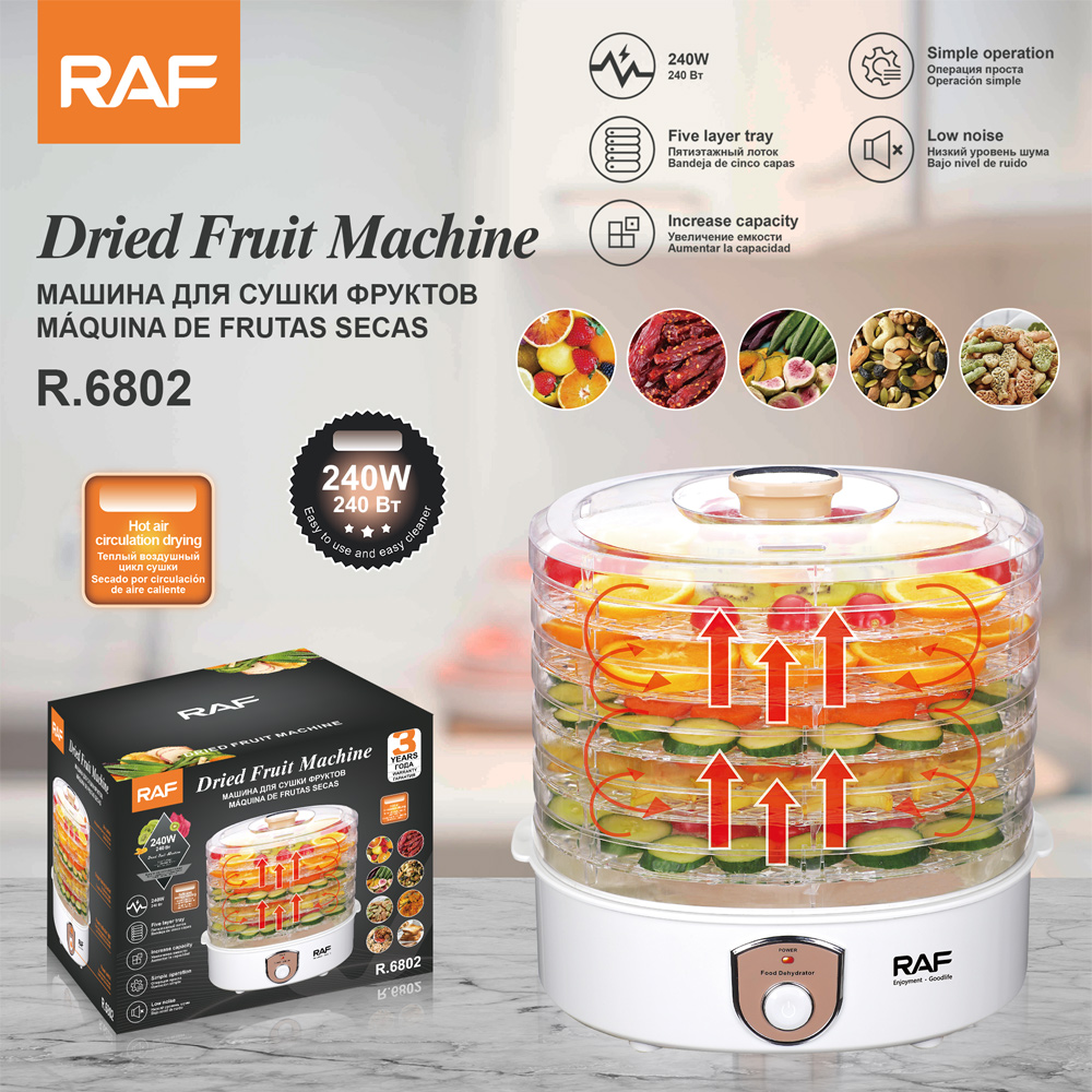 The RAF R6802 multi-functional fruit dryer is a household drying equipment with a large capacity and easy operation