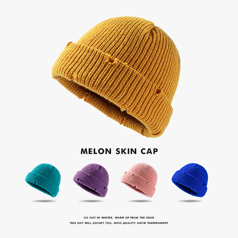 Knitted hats, short autumn and winter styles, European and American fashion hip-hop hats, fringed and worn women's melon rind hats, street dance woolen hats