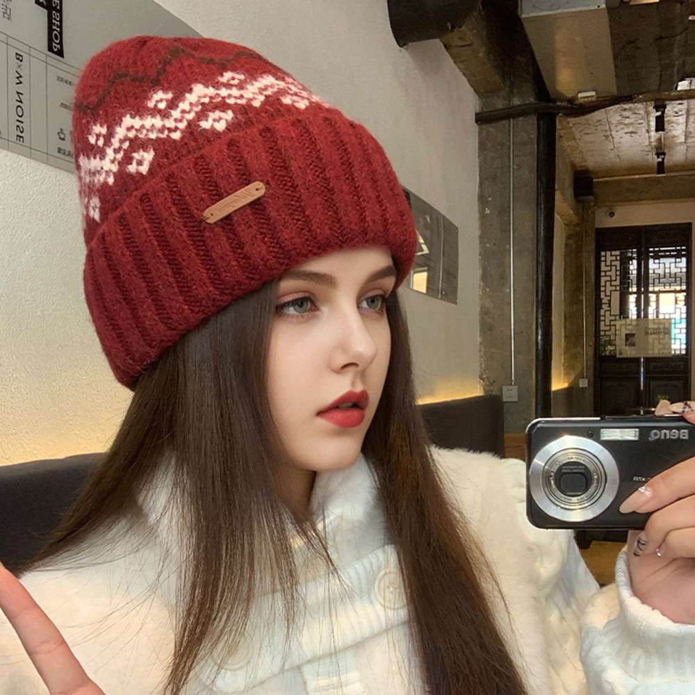 Autumn and winter warm wine red series jacquard woolen caps for children, new thickened warm knitted caps, ear-protecting cold caps