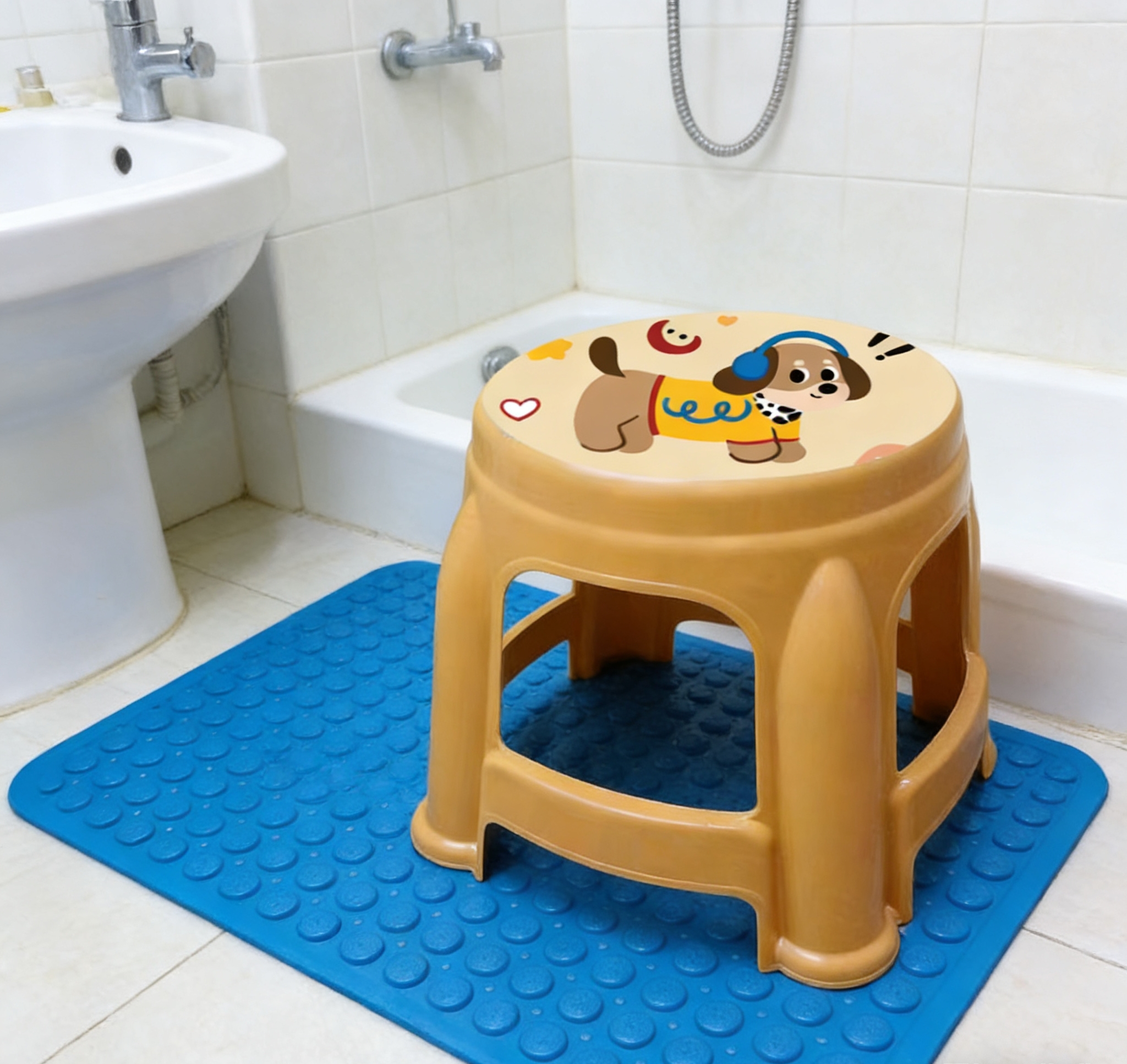 Cute and fun dog plastic round stool, children's home anti-slip small stool, cute and fun dog pattern plastic stool, baby anti-slip low stool, round stool, cartoon dog printed plastic stool, home thickened children's round stool wholesale Specification image