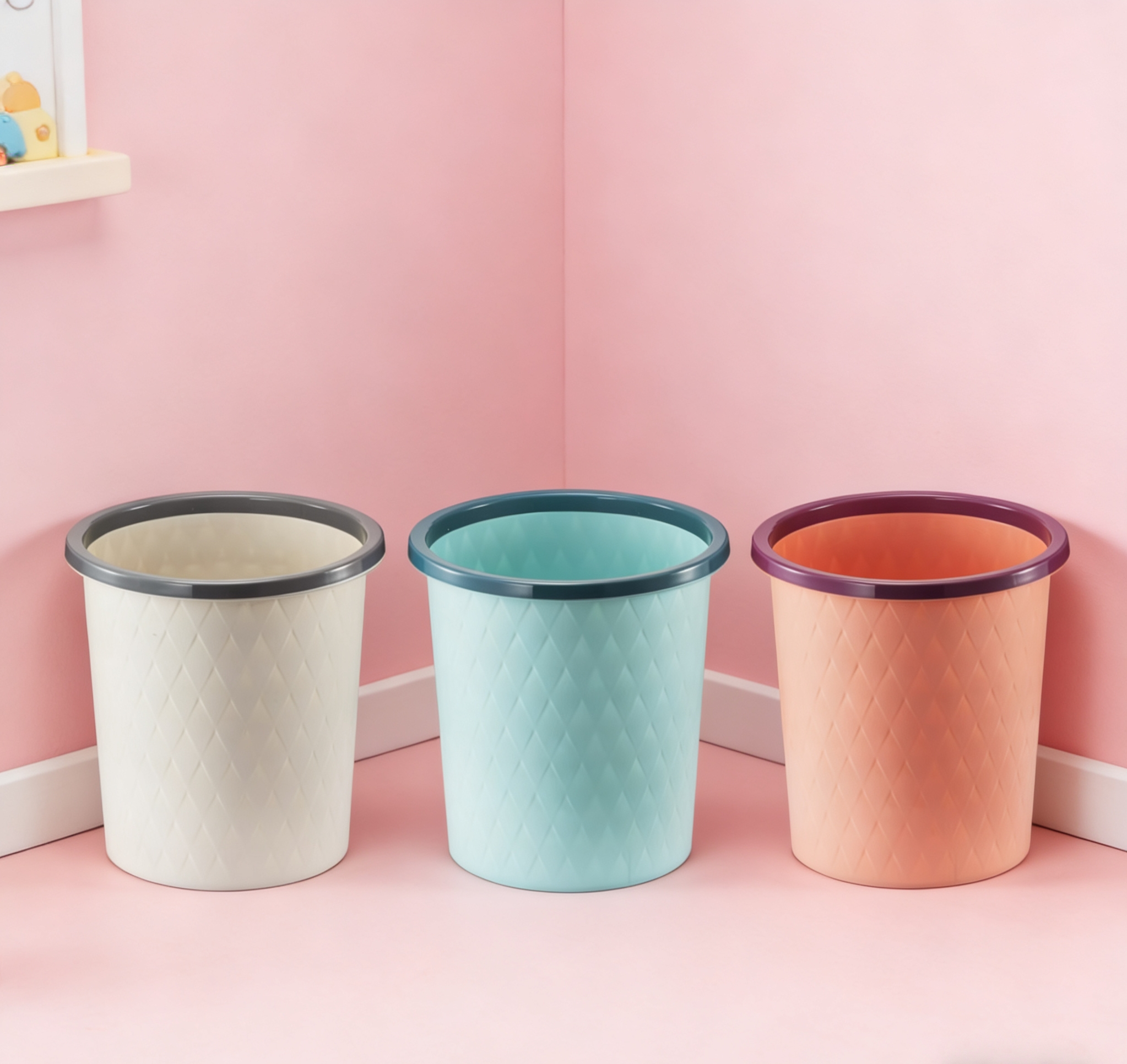 菱格纹撞色塑料垃圾桶家用无盖纸篓   简约撞色垃圾桶 客厅卧室卫生间通用纸篓 简约菱格纹纸篓  客厅卧室卫生间垃圾桶批发