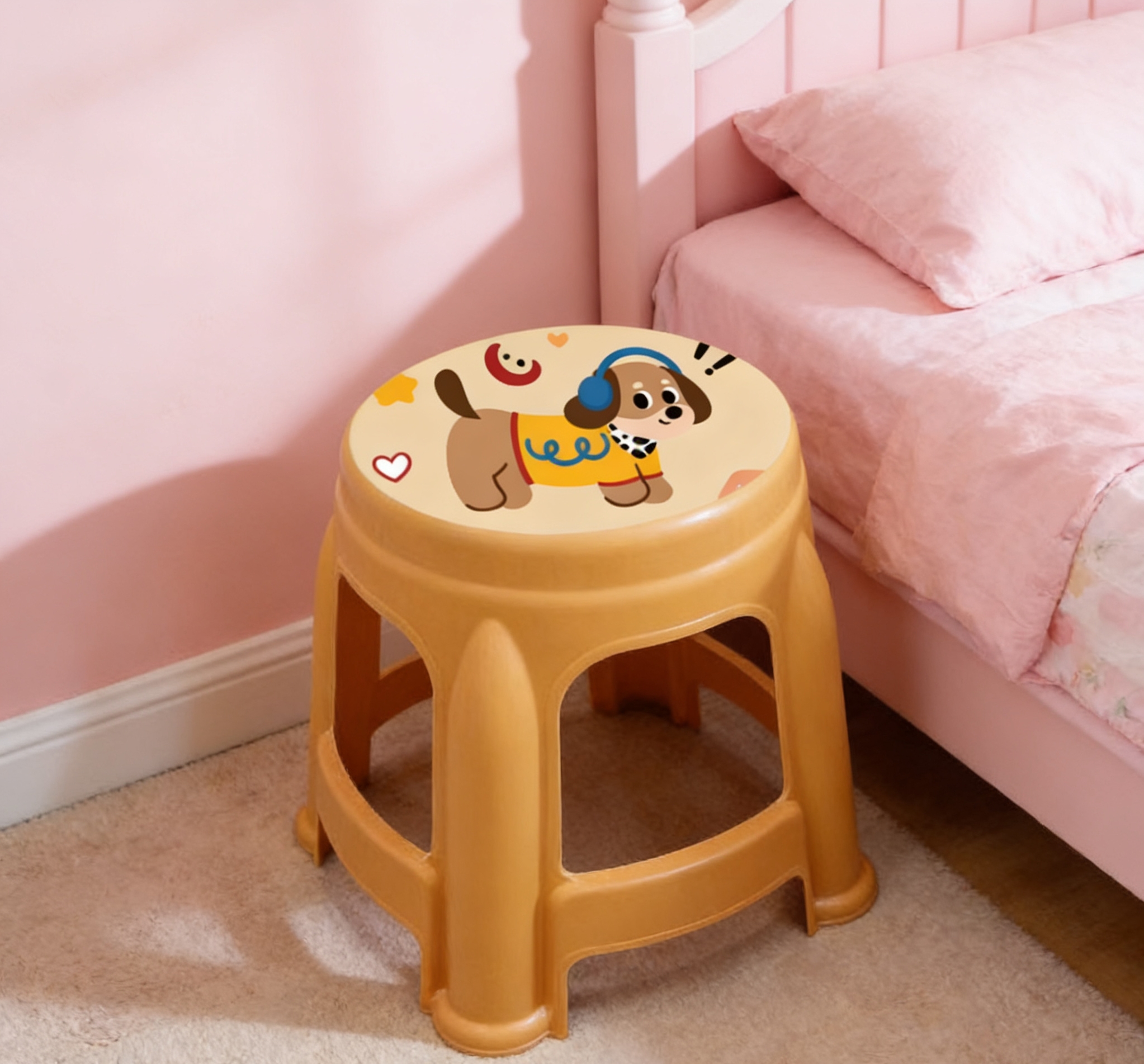Cute and fun dog plastic round stool, children's home anti-slip small stool, cute and fun dog pattern plastic stool, baby anti-slip low stool, round stool, cartoon dog printed plastic stool, home thickened children's round stool wholesale Application Scenario