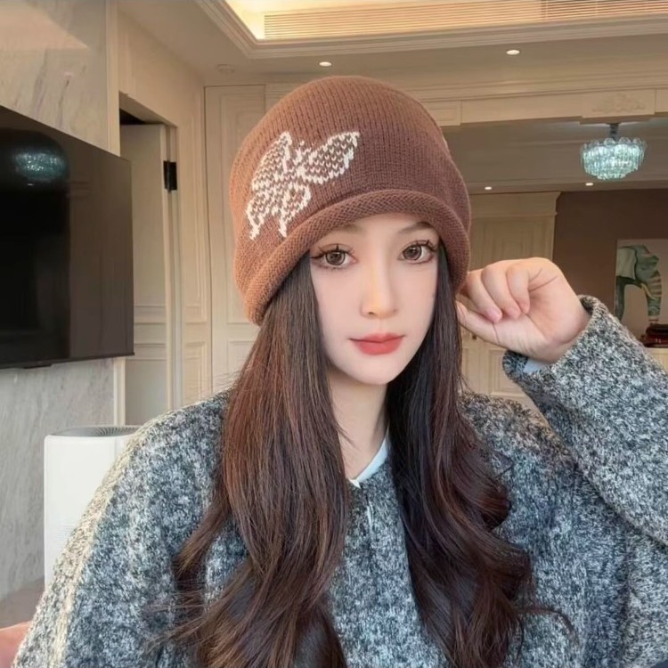 Rolled-edge drawstring pile cap, small knitted autumn and winter warm ear-protecting cap for women, 2025 new style headscarf cap