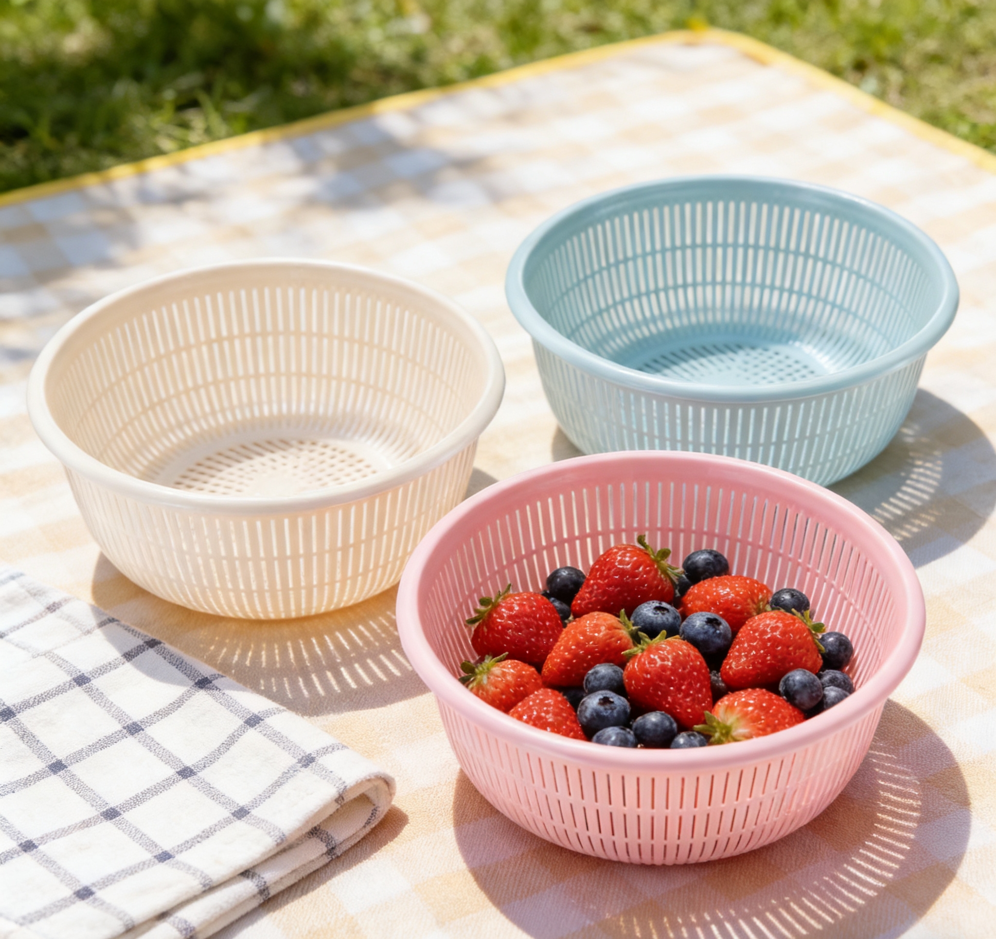 Simple hollowed-out draining basket, household rice-washing sieve, fruit washing and storage basket, kitchen plastic draining basket, high appearance level, macaron-colored rice-washing and vegetable washing basket wholesale Specification image