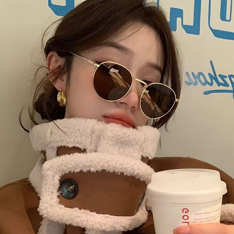 韩版ins复古圆形茶色防紫外线太阳镜金属小框网红墨镜女