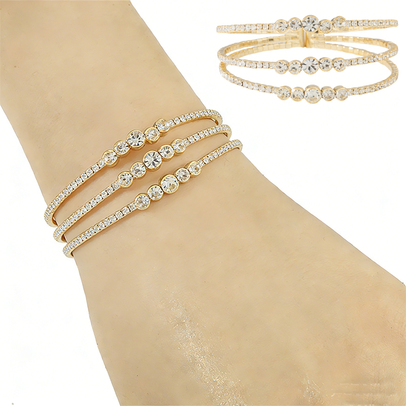 Cross-border European and American gold coin claw chain bracelet, 3-row full water diamond open elastic bracelet, women's fashionable light luxury trendy full diamond bracelet details Picture