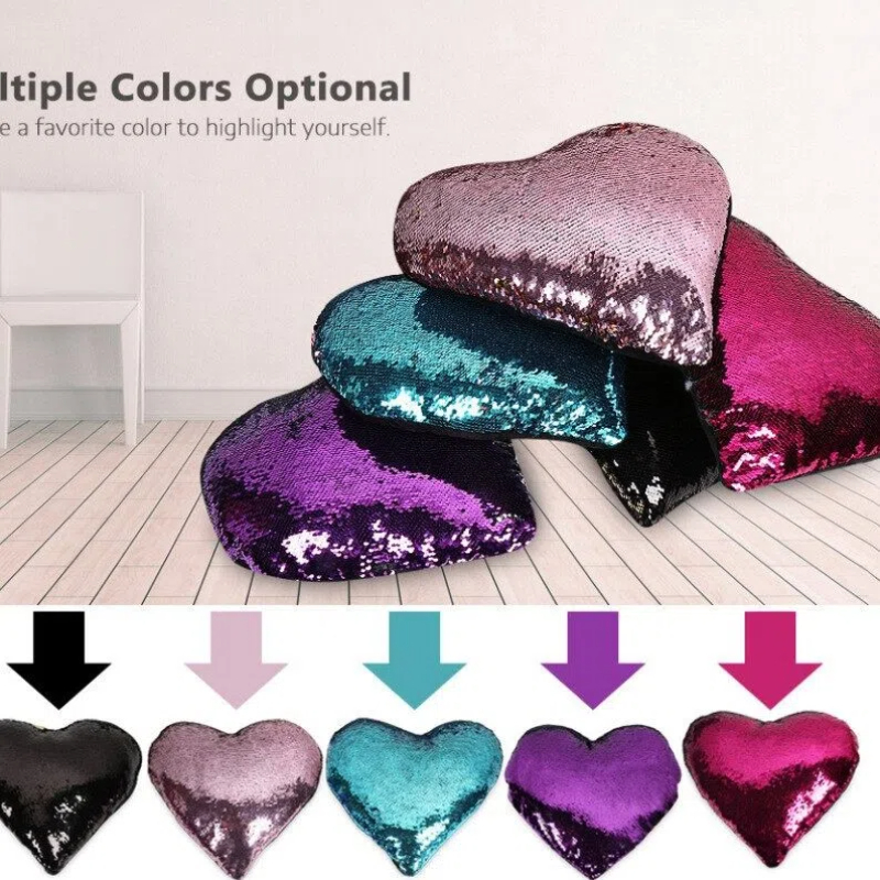Double-sided flip-top heart-shaped sequined throw pillow, wedding sequin embroidery cushion, cross-border DTY positioning, AB side decorative throw pillow quilt Specification image