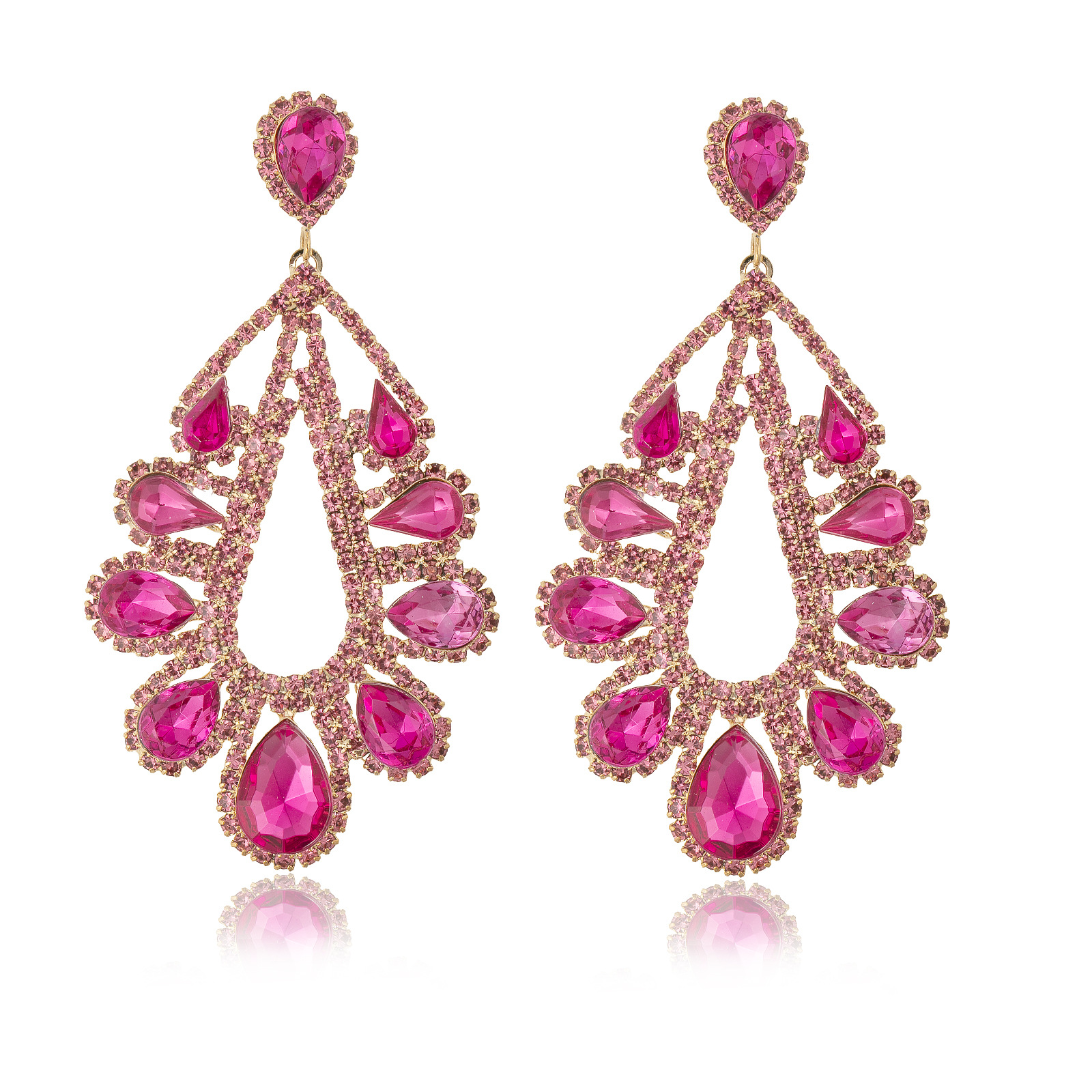 Factory wholesale cross-border jewelry earrings, colored rhinestones, teardrop-shaped earrings, women's fashionable and trendy pendants, rose red earrings and accessories Item Picture