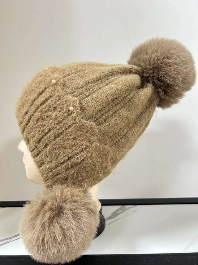 Winter fashion striped knitted headscarf hat for women, autumn and winter ear-protecting, warm, fleece and cute three-wool ball woolen hat details Picture