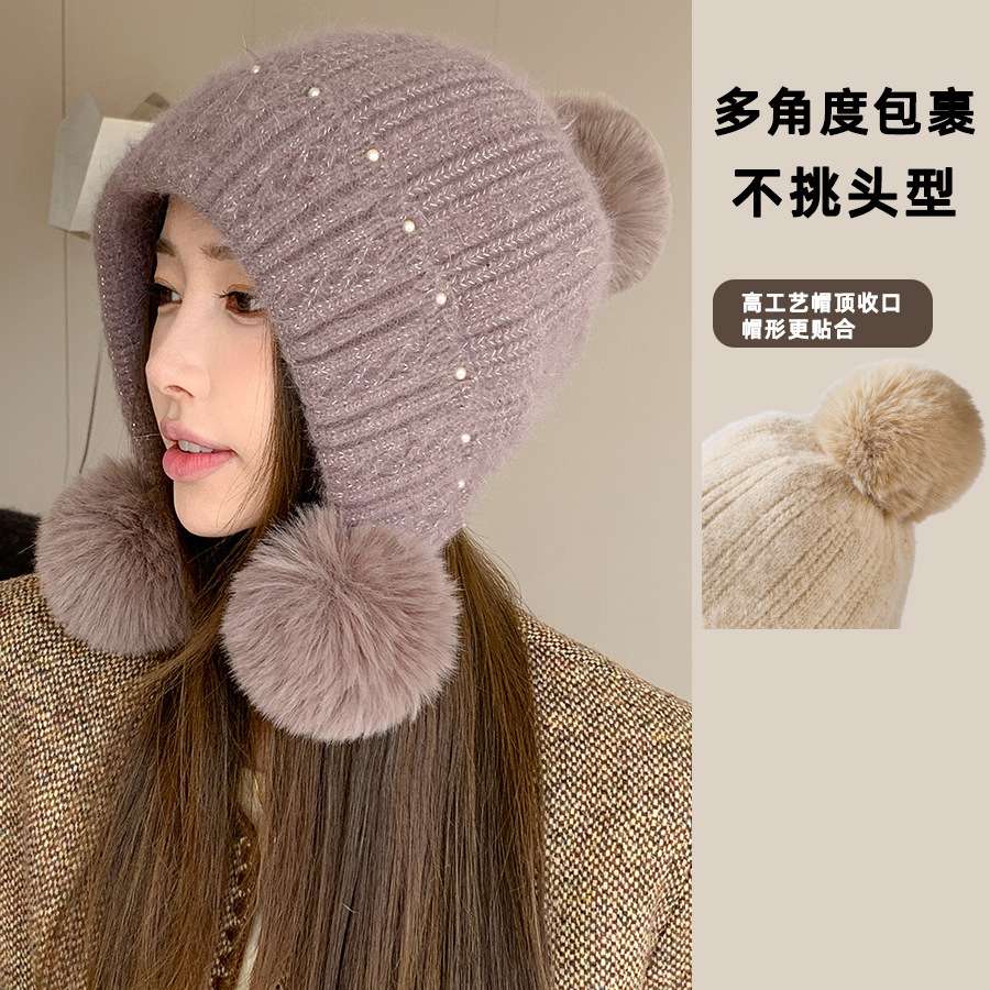 Winter fashion striped knitted headscarf hat for women, autumn and winter ear-protecting, warm, fleece and cute three-wool ball woolen hat Application Scenario