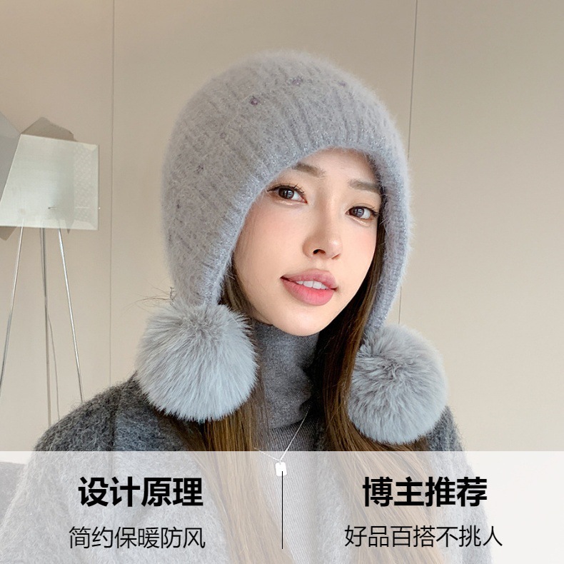 Winter fashion striped knitted headscarf hat for women, autumn and winter ear-protecting, warm, fleece and cute three-wool ball woolen hat Item Picture