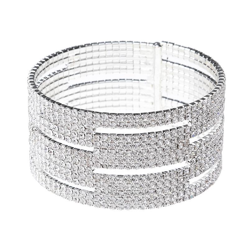 Wholesale supply of exaggerated and thick multi-layer rhinestone hollowed-out bracelets from Europe and America for banquets, balls and parties, as well as shiny and elastic diamond-encrusted jewelry Item Picture