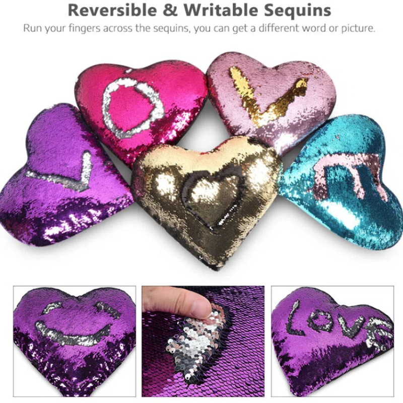 Double-sided flip-top heart-shaped sequined throw pillow, wedding sequin embroidery cushion, cross-border DTY positioning, AB side decorative throw pillow quilt details Picture