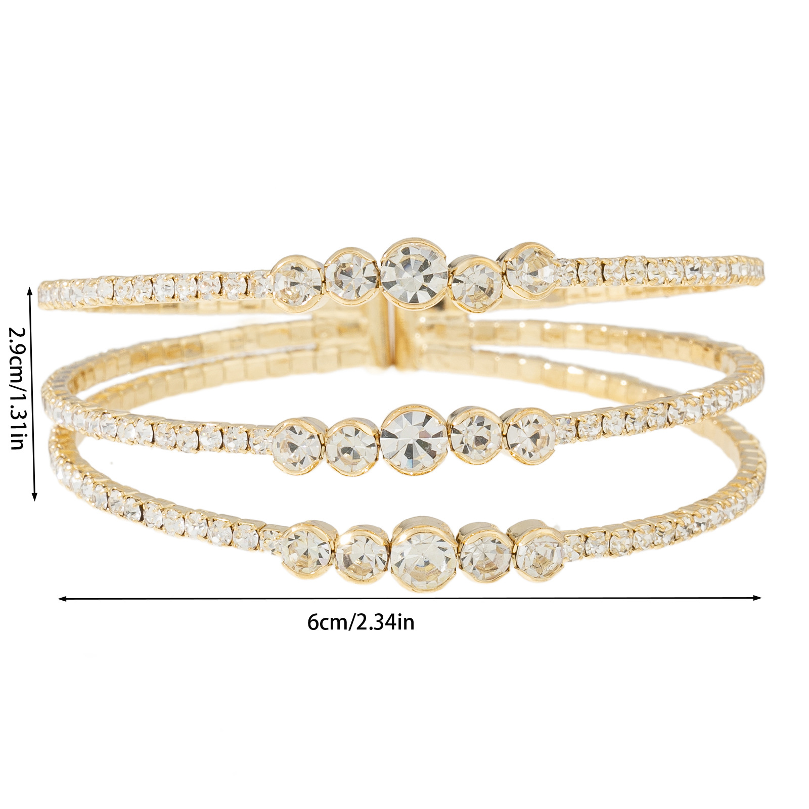 Cross-border European and American gold coin claw chain bracelet, 3-row full water diamond open elastic bracelet, women's fashionable light luxury trendy full diamond bracelet Specification drawing