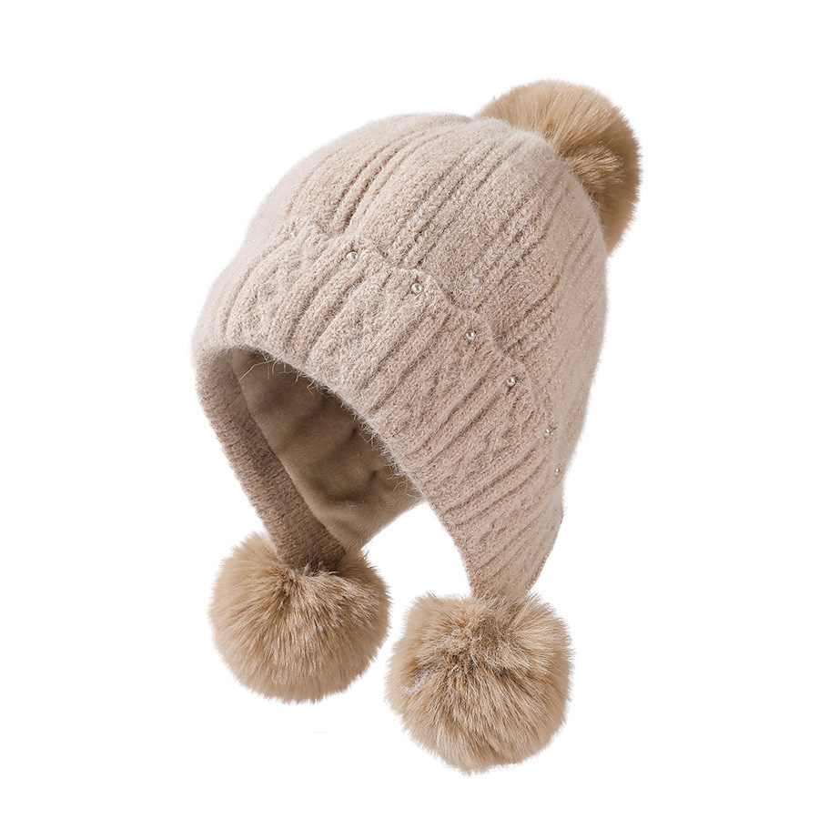 Winter fashion striped knitted headscarf hat for women, autumn and winter ear-protecting, warm, fleece and cute three-wool ball woolen hat