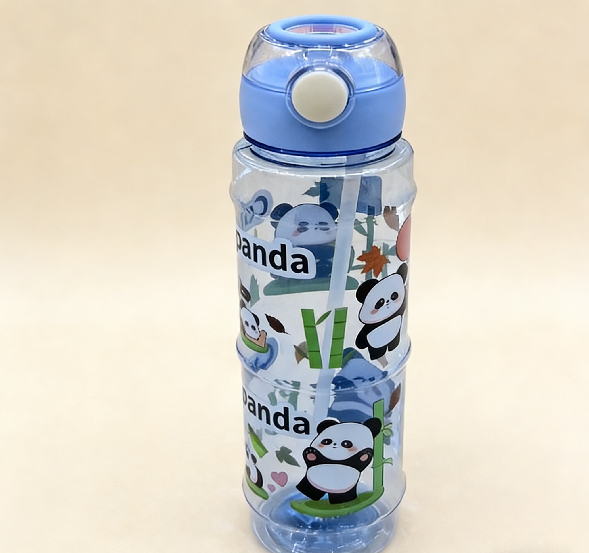 Panda Cartoon children's water cup with straw, anti-drop portable plastic water bottle for primary school students. Wholesale Panda Cartoon children's water cup with straw, anti-drop portable plastic water bottle for primary school students details Picture