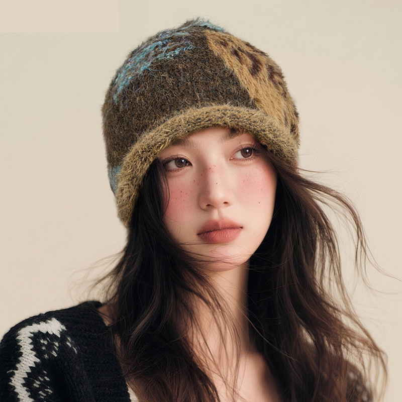 Autumn and winter retro coffee-colored dui Dui hat women's ear-protecting warm woolen hat pullover hat Korean-style versatile cold hat headwear