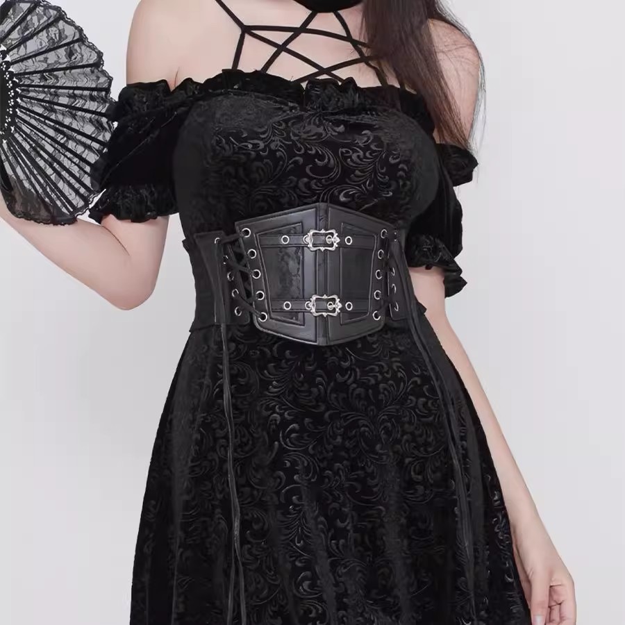 Black lace-tied leather waistband for women's fashionable decoration, wide belt waistband with elastic and tight waist full figure