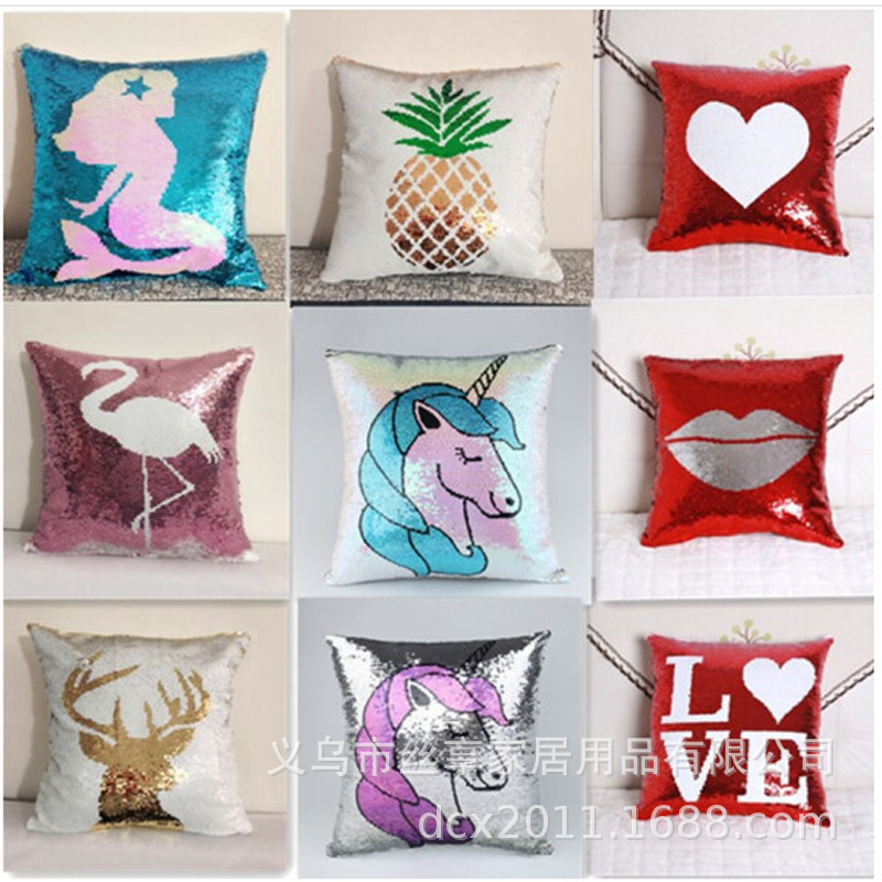 Customized double-sided color positioning embroidered sequin unicorn throw pillows sofa cushions flip print decorative items details Picture