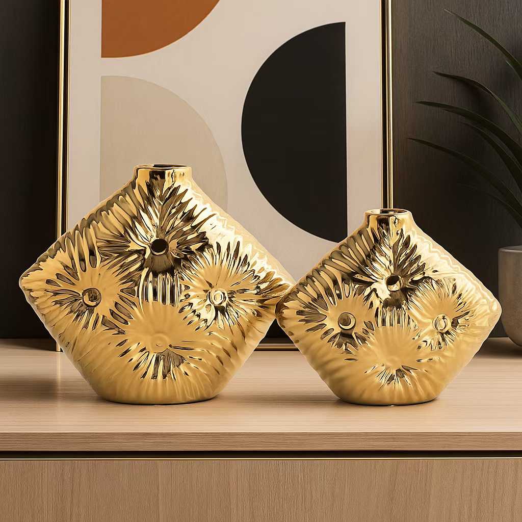 金色陶瓷花瓶摆件创意玻璃花瓶装饰花盆插花艺术品家居摆设