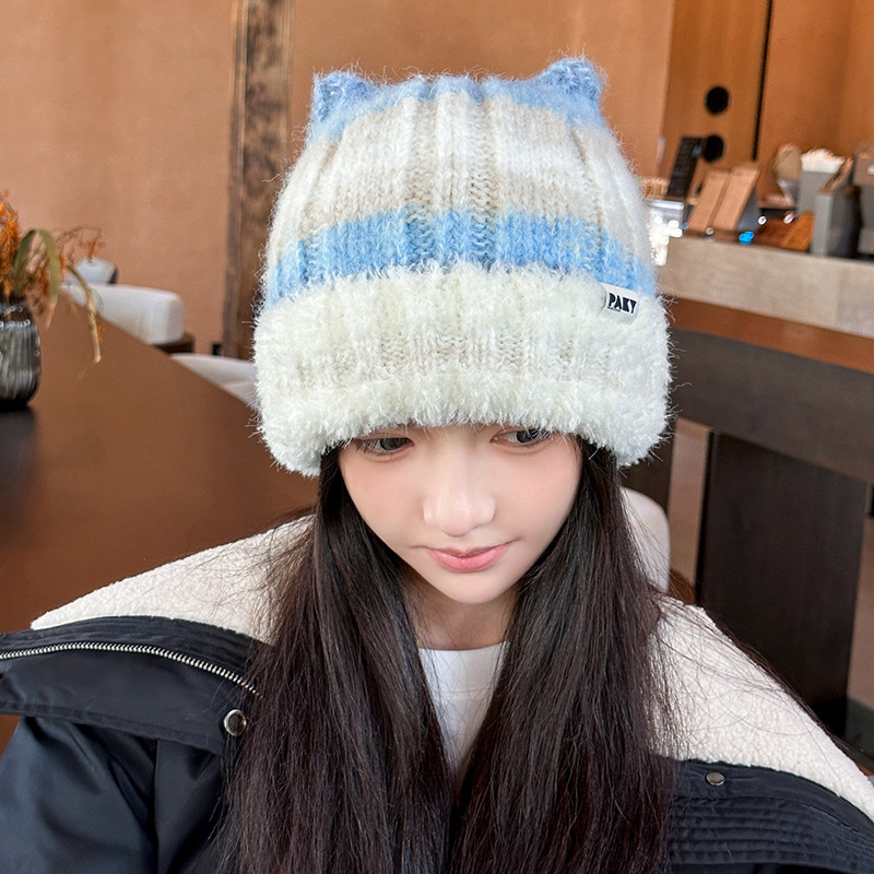 Korean style crash color gorra de lana orejas de gato dulce y versátil gorra de punto sombrero de otoño e invierno estilo más peluche caliente sombrero frío mostrar cara pequeña