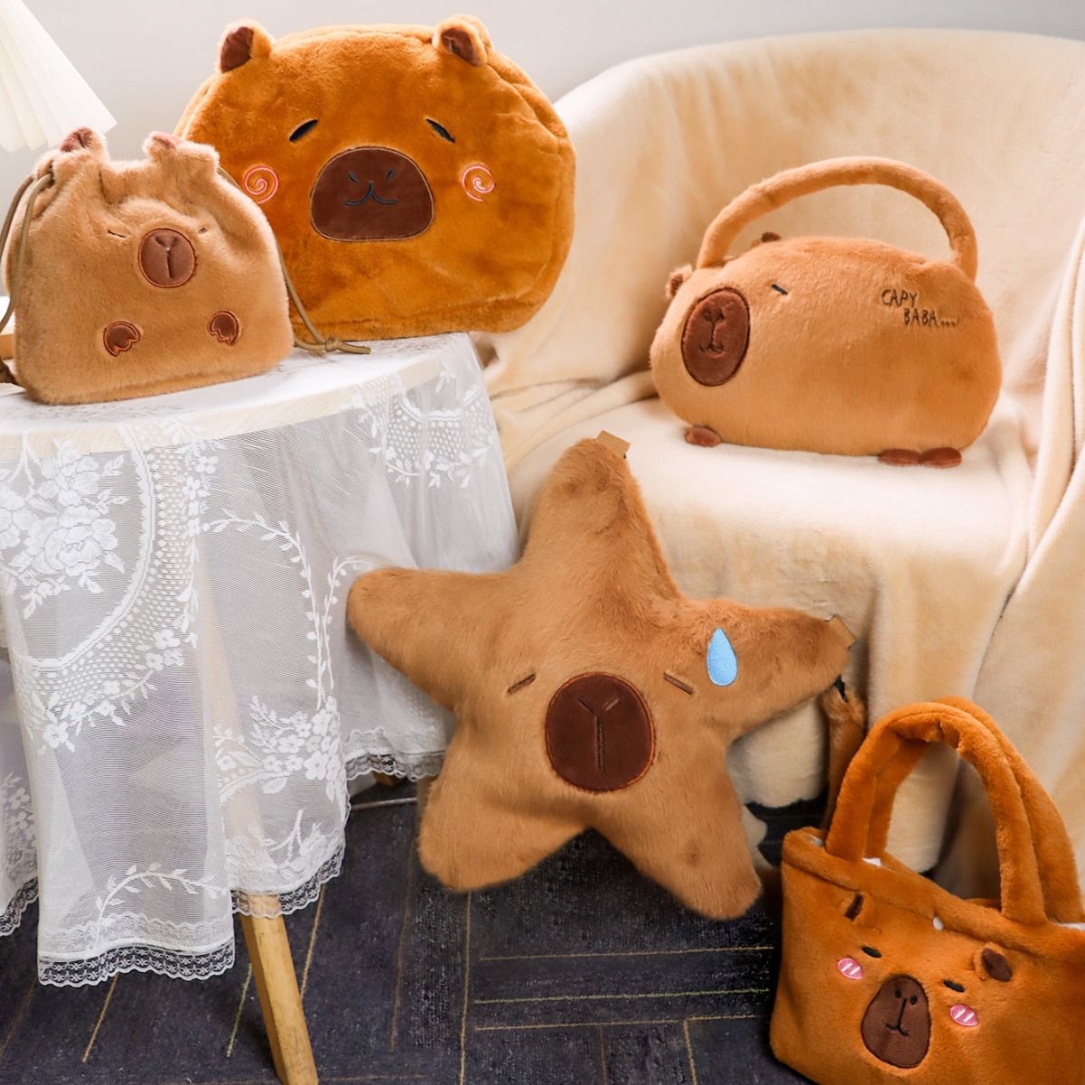 卡皮巴拉可爱毛绒公仔水豚星星斜背包手提包软装布艺装饰抽拉绳设计图