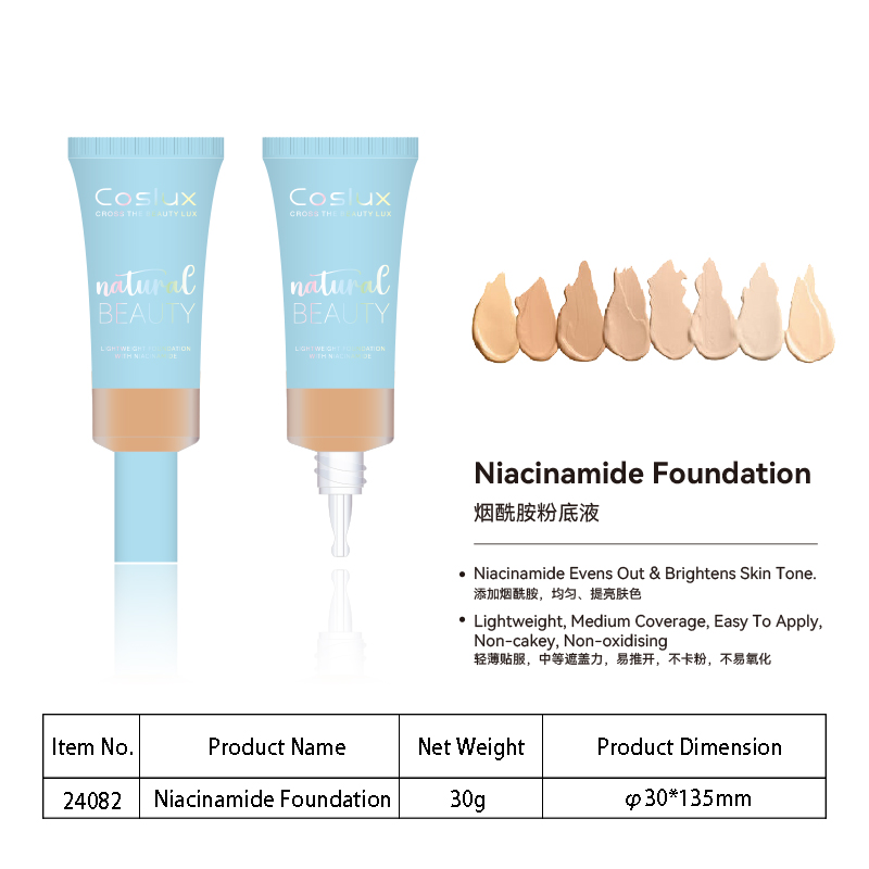Niacinamide foundation for facial beauty is even and brightens the skin tone. It adheres lightly and has medium coverage. It spreads easily without sticking and is not prone to oxidation. Niacinamide foundation details Picture