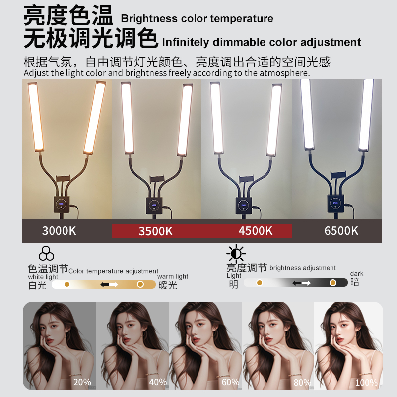 Live streaming photography high-brightness fill light double-arm light, live streaming light fill light, professional streamer beauty light double-arm fill light Specification image