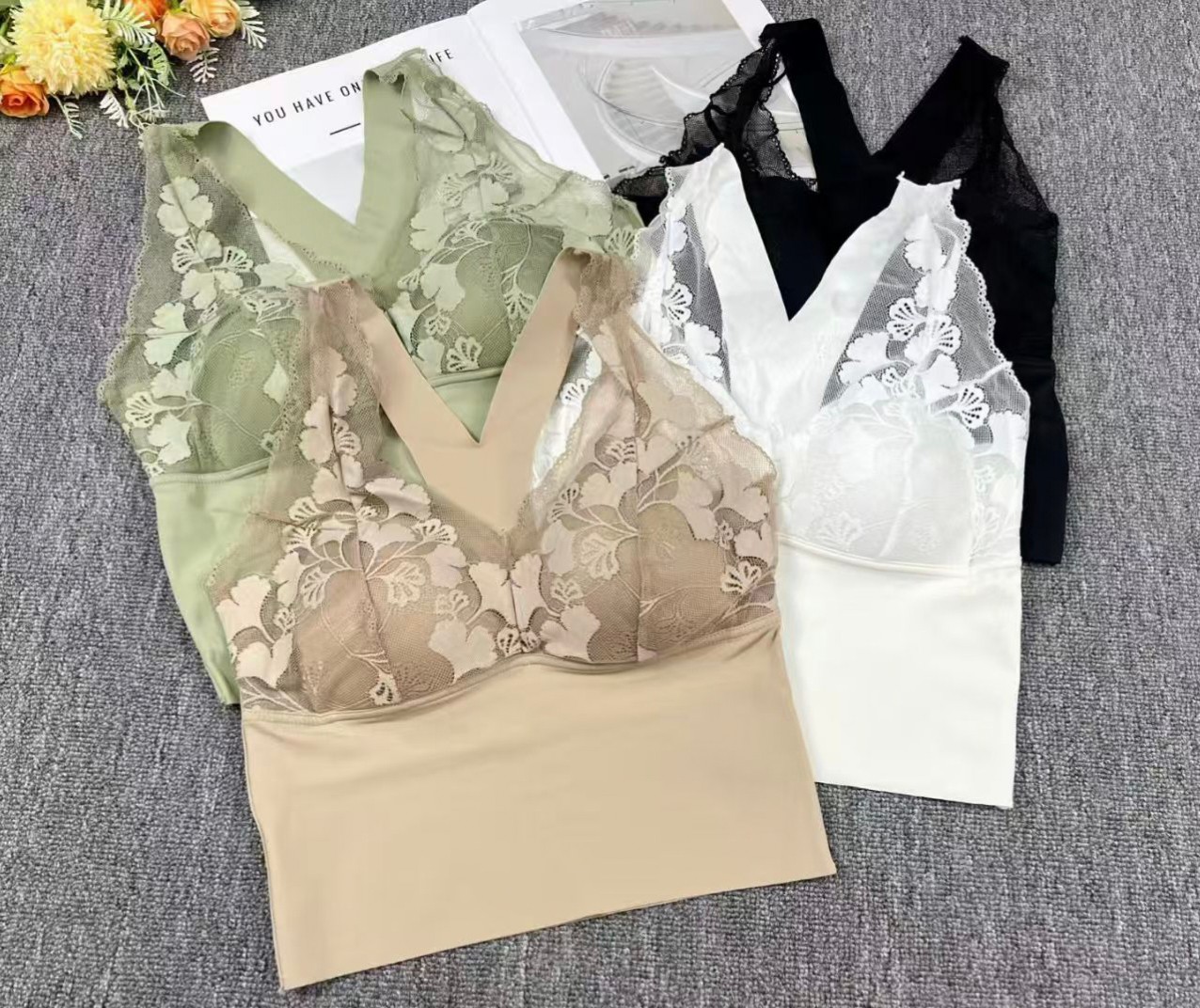 7785#外贸出口锦纶美背，无钢圈蕾丝吊带背心，舒适透气高弹力固定杯垫无束缚不跑杯运动文胸