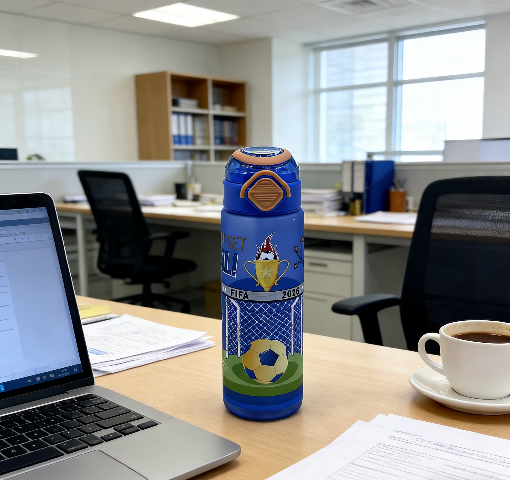 World Cup trophy printed blue sports water cup, anti-drop portable cup, exclusive outdoor fitness portable cup for fans Application Scenario