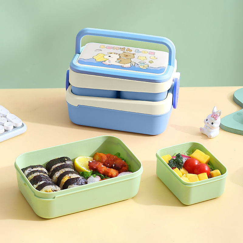 H226-566 cartoon bento box, double-layer insulated lunch box, microwave oven-safe with fork and spoon, convenient for office workers and students