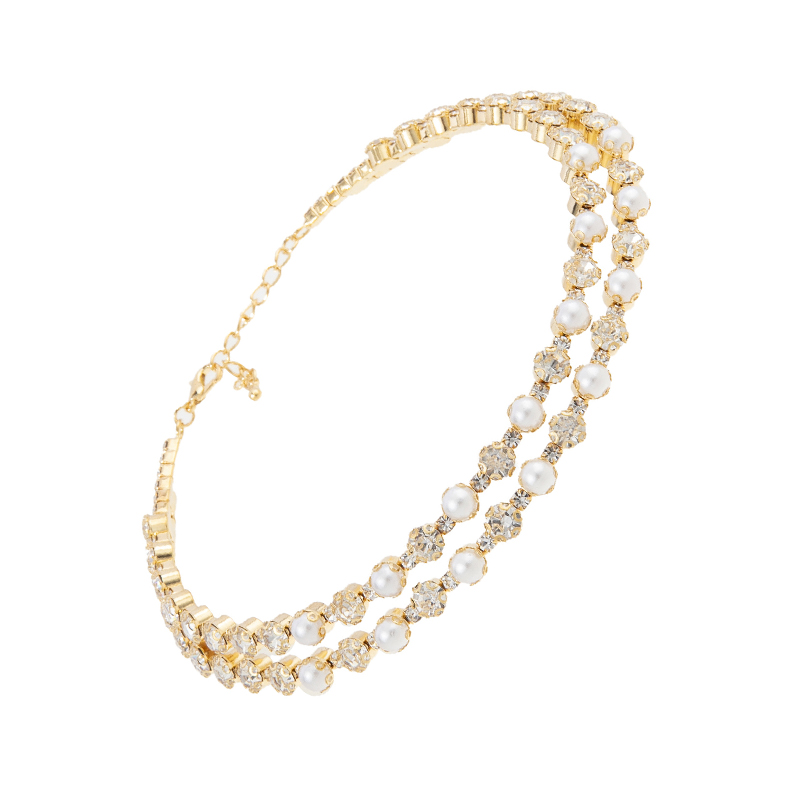 Cross-border European and American trend necklaces, full diamonds and rhinestones, two rows of pearl elastic , bride wedding dress accessories, exquisite diamond-encrusted, adjustable opening necklaces wholesale details Picture