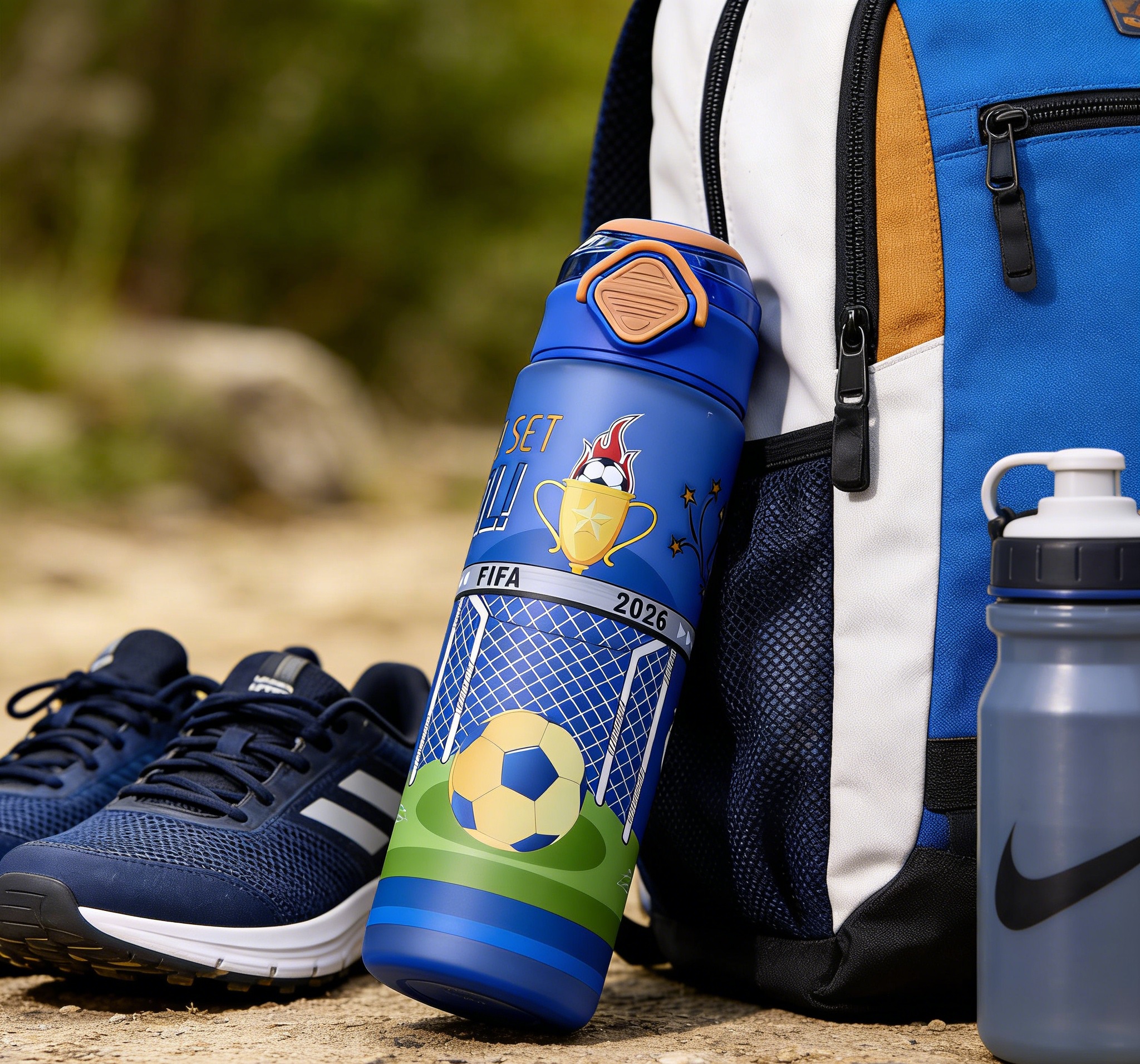 World Cup trophy printed blue sports water cup, anti-drop portable cup, exclusive outdoor fitness portable cup for fans