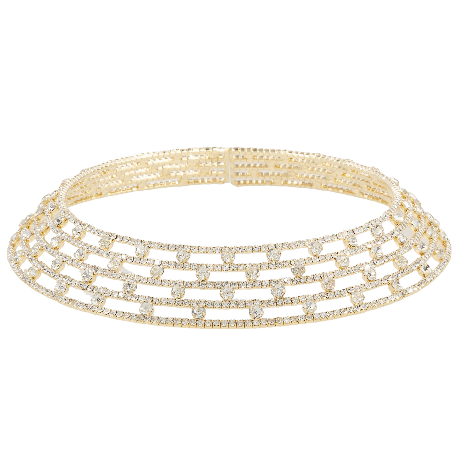 Cross-border supply of European and American 5-row steel wire elastic open necklaces, retro round choker，luxurious rhinestone, exaggerated individuality, trendy and luxurious full diamond necklaces details Picture