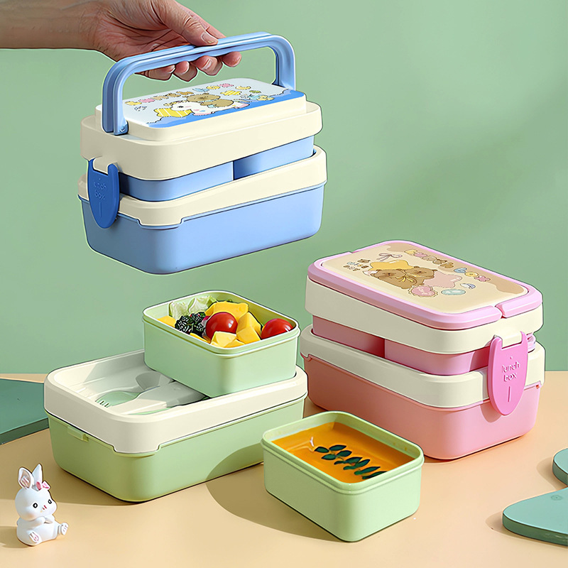 H226-566 cartoon bento box, double-layer insulated lunch box, microwave oven-safe with fork and spoon, convenient for office workers and students Item Picture