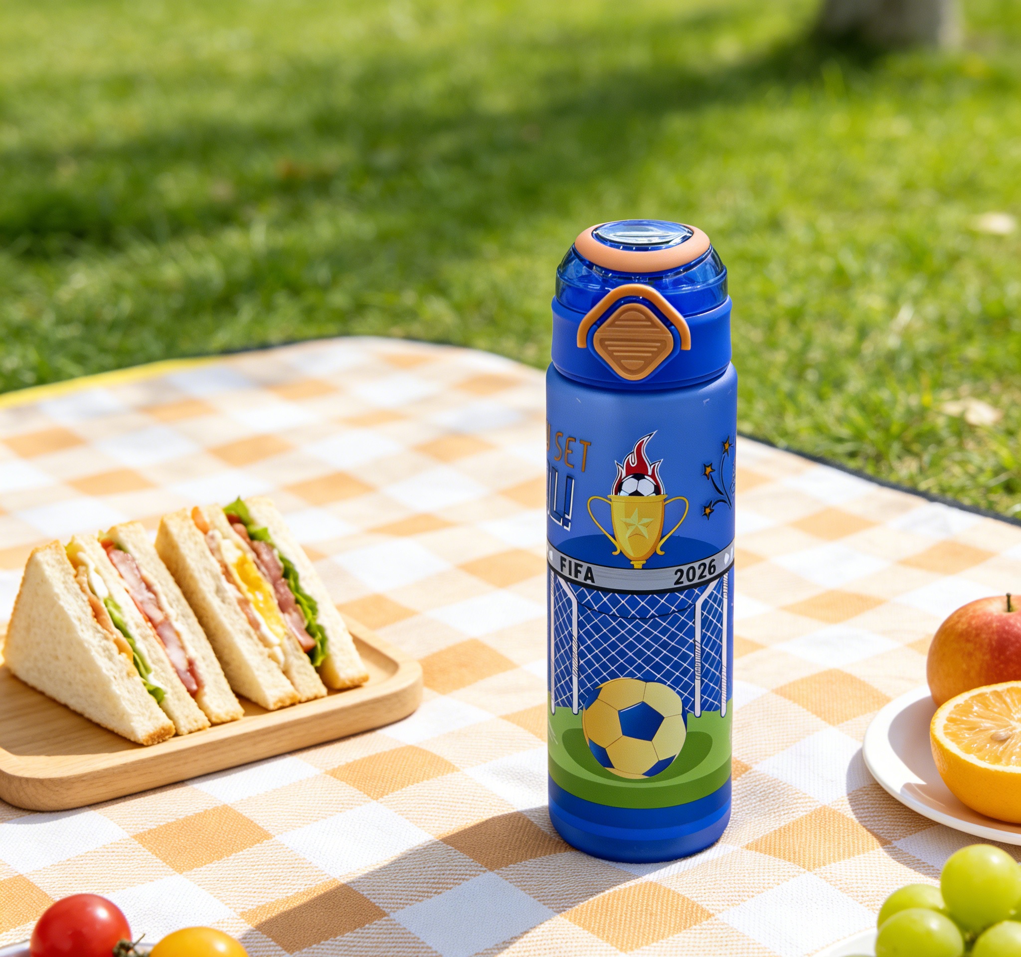 World Cup trophy printed blue sports water cup, anti-drop portable cup, exclusive outdoor fitness portable cup for fans details Picture