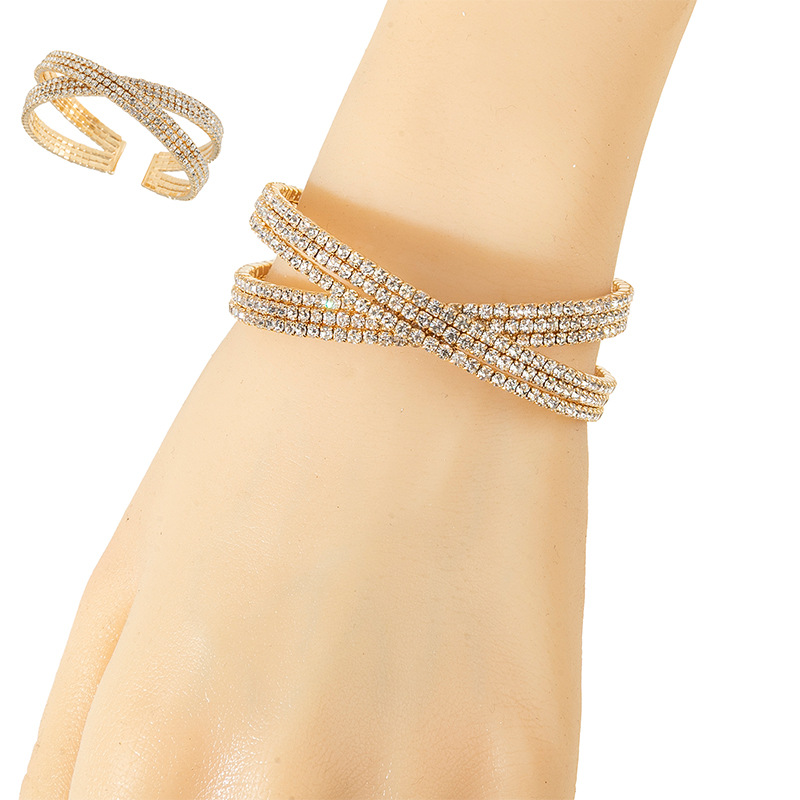 Cross-border full-diamond jewelry, a classic European and American fashion 6-row three-dimensional crossed water diamond open bracelet, a versatile daily accessory details Picture