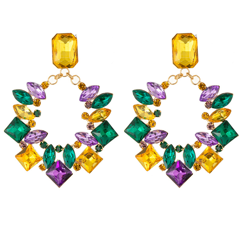 New European and American fashion cross-border retro best-selling colorful flower rhinestone earrings, square pendants, exaggerated style and personalized earrings wholesale Item Picture