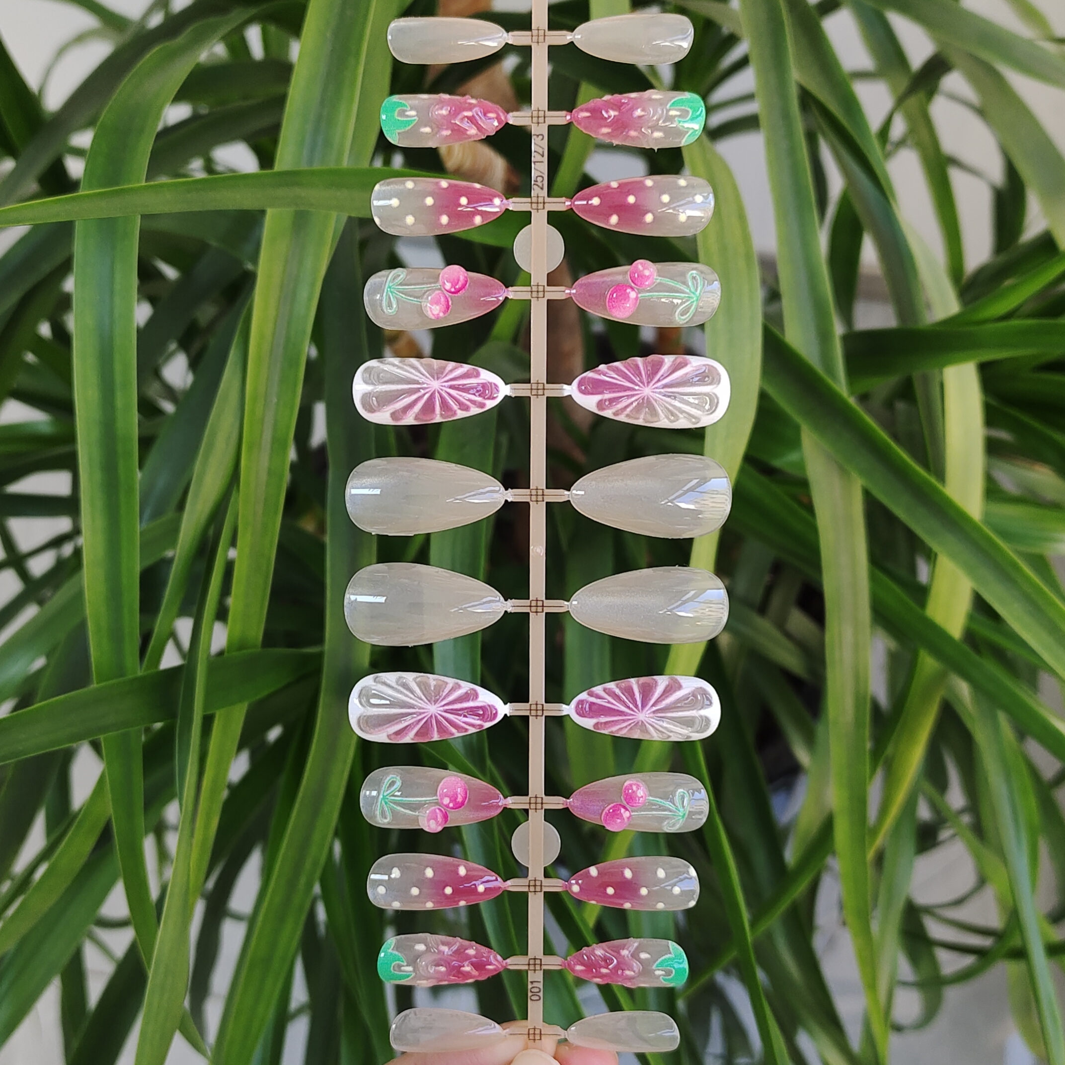 24 PCS PRESS ON NAIL TIPS ALMOND SHAPE 3D GEL NAIL ART WITH STRAWBERRY AND CHERRY PATTERN full figure