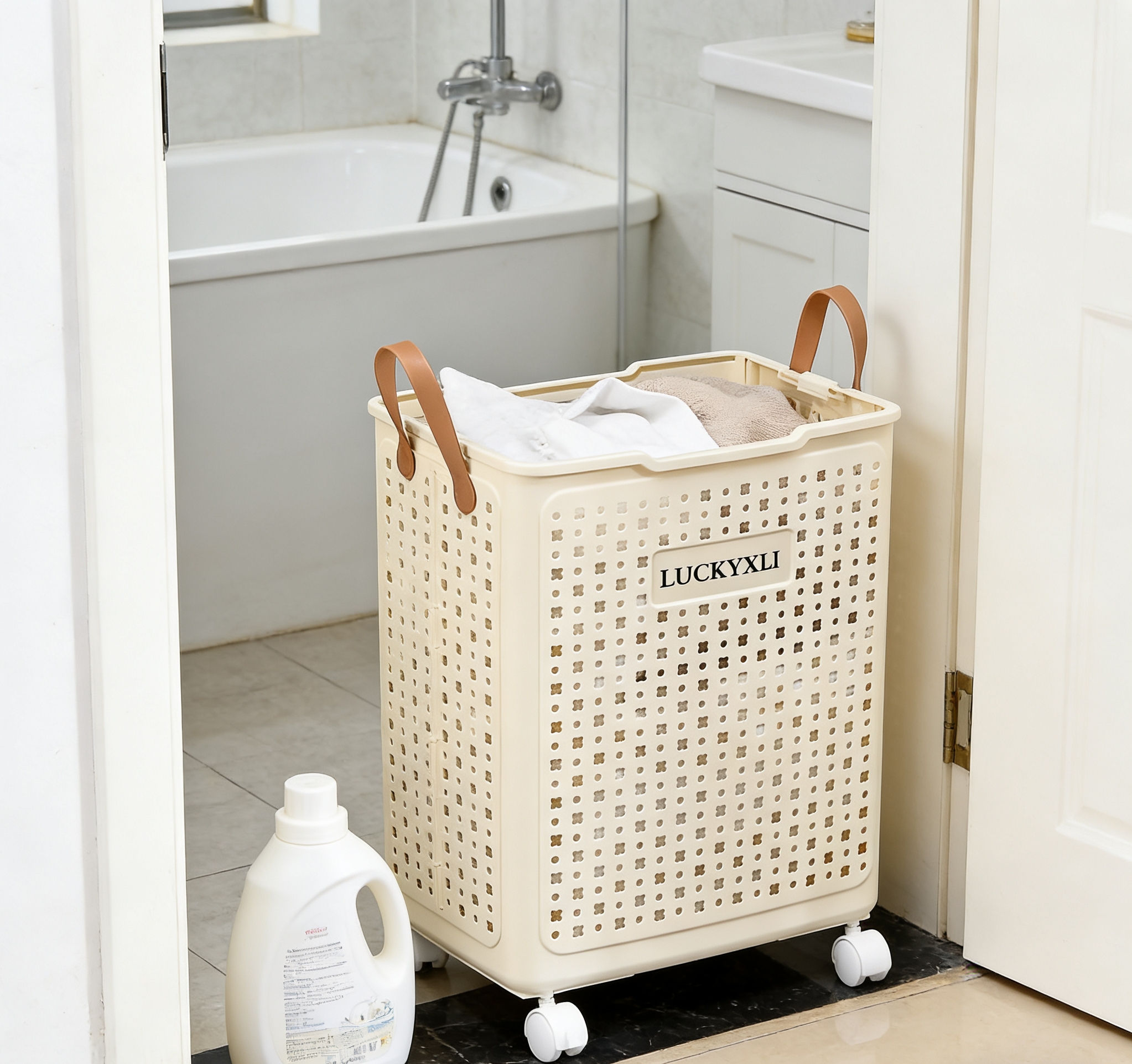 LUCKYXLI Dirty clothes basket with wheels, movable, household bathroom, large dirty clothes storage basket, laundry basket wholesale Specification image