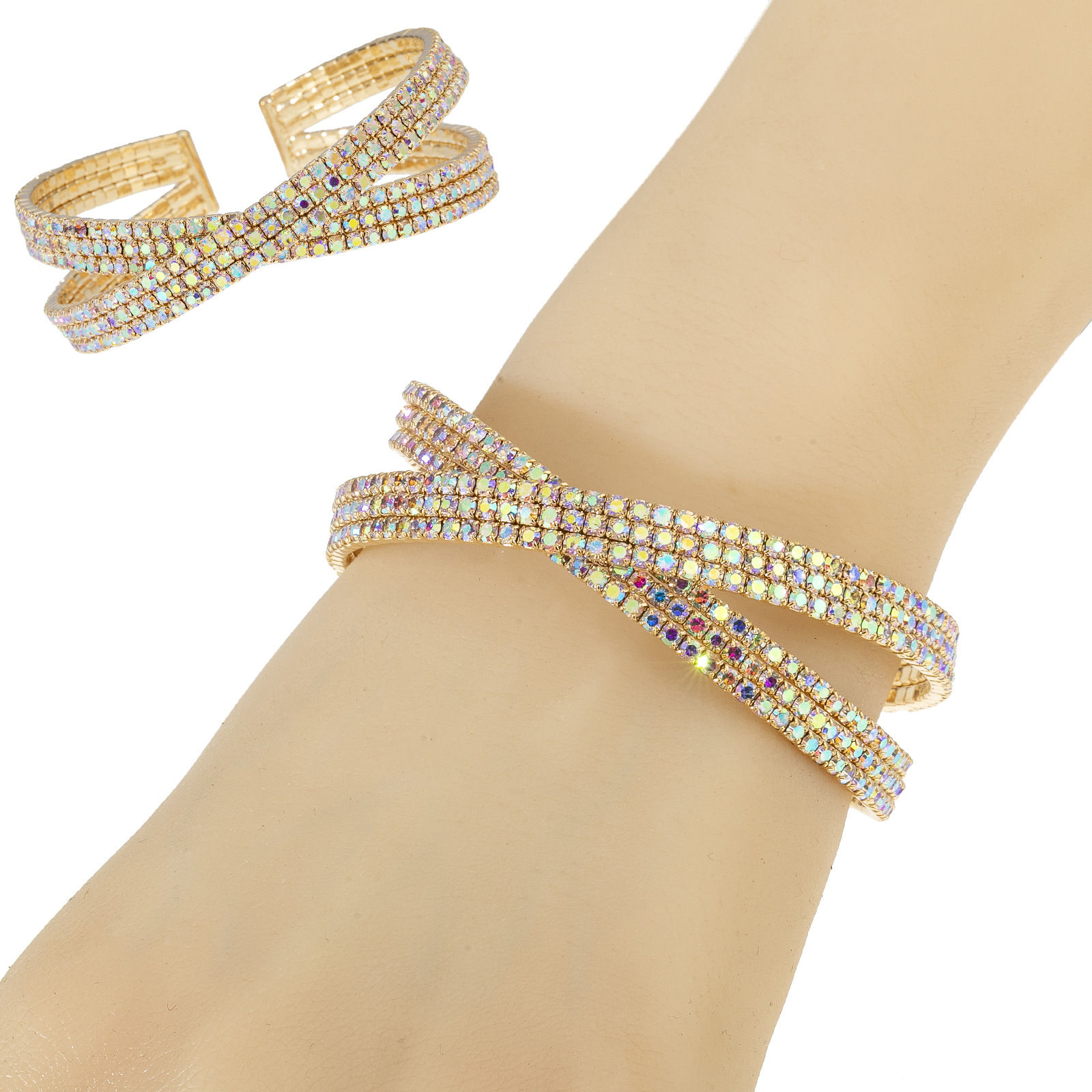 This is a Japanese and Korean InS-style steel wire open bracelet with a cross-design for women. It features shiny rhinestone and is a fashionable and versatile bracelet details Picture