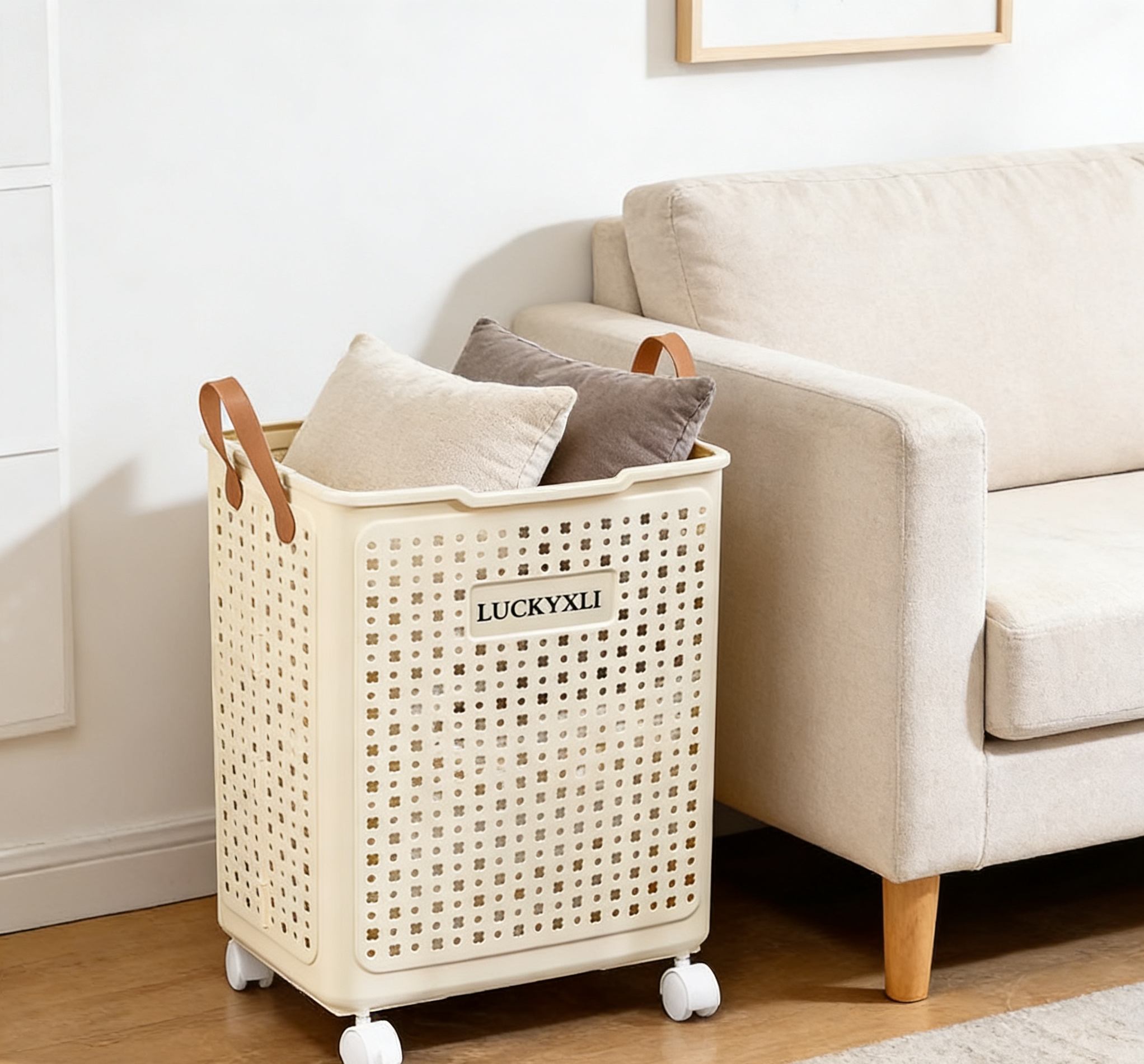 LUCKYXLI Dirty clothes basket with wheels, movable, household bathroom, large dirty clothes storage basket, laundry basket wholesale Application Scenario