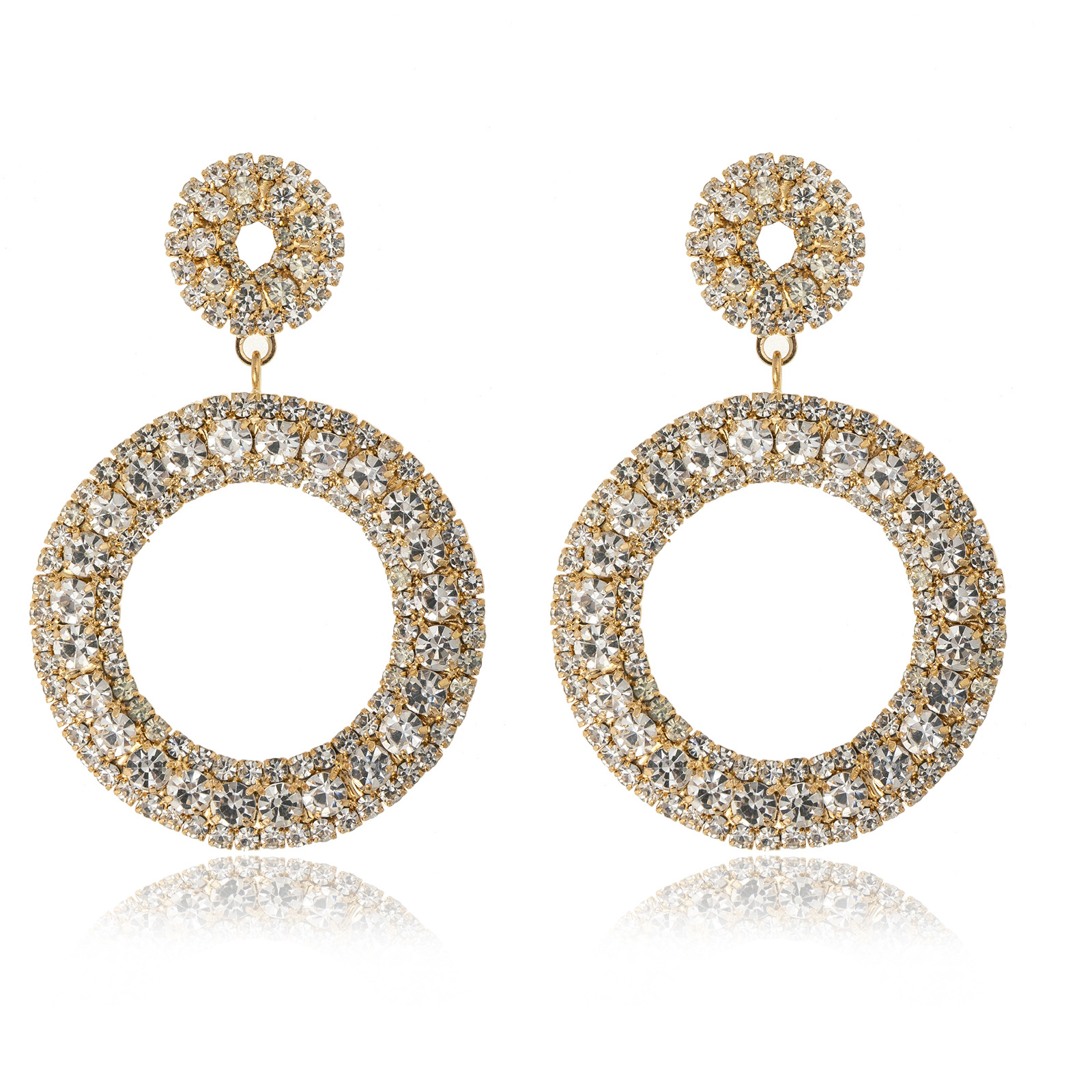 The manufacturer's supply of personalized and exaggerated round pendant rhinestone earrings for women, geometric shape luxurious and shiny diamond-encrusted pendant earrings long and elegant for women details Picture