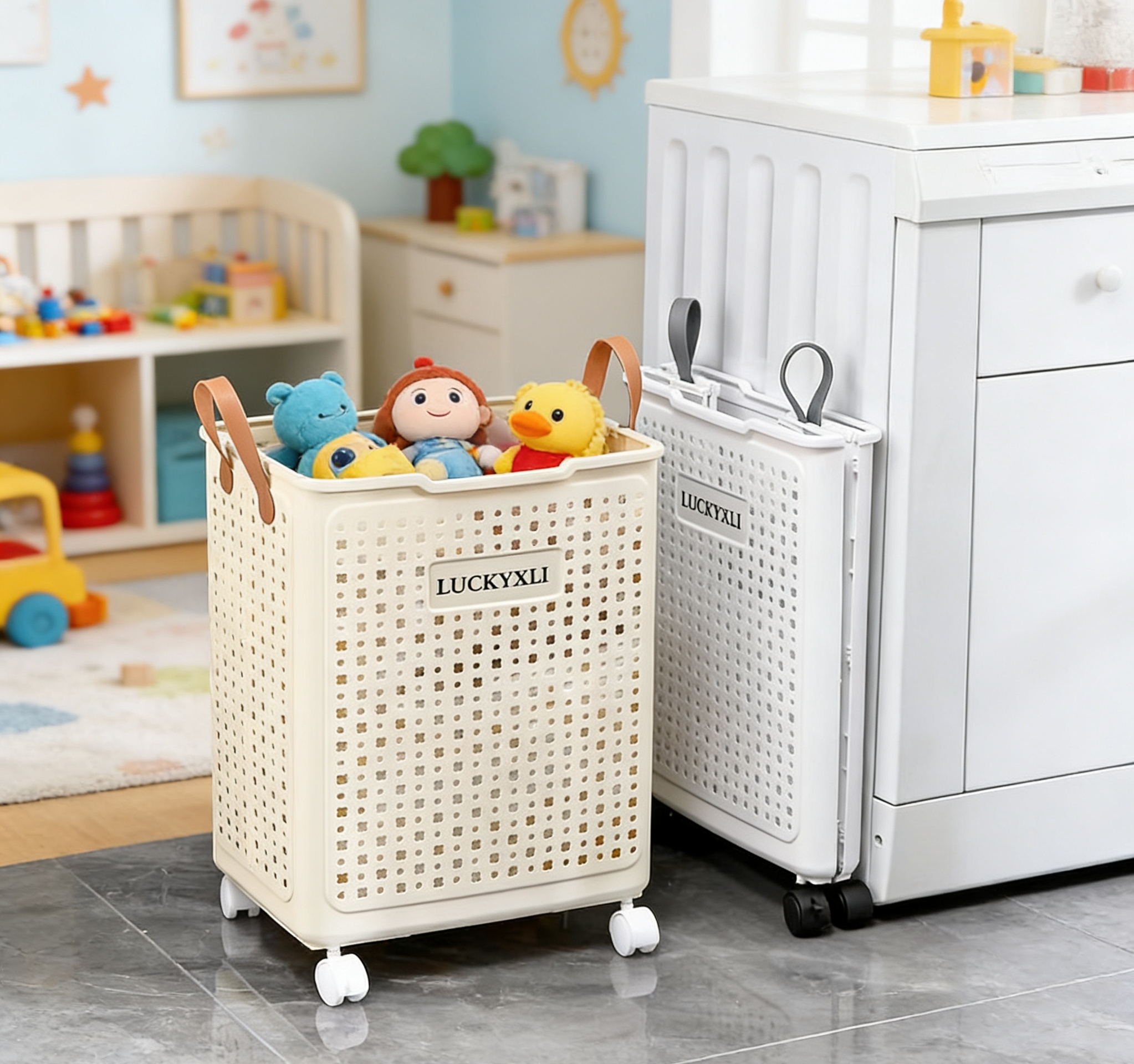 LUCKYXLI Dirty clothes basket with wheels, movable, household bathroom, large dirty clothes storage basket, laundry basket wholesale Item Picture