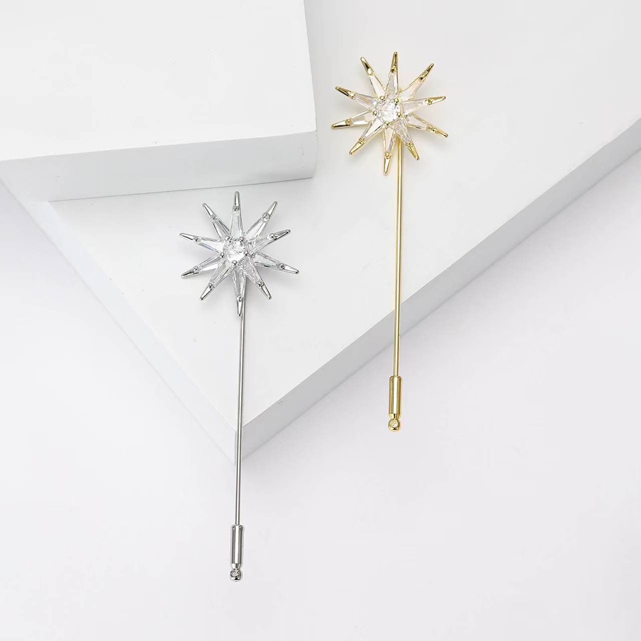 欧美时尚长针微镶铜锆石8芒星胸针简约小众女士服饰胸花饰品别针