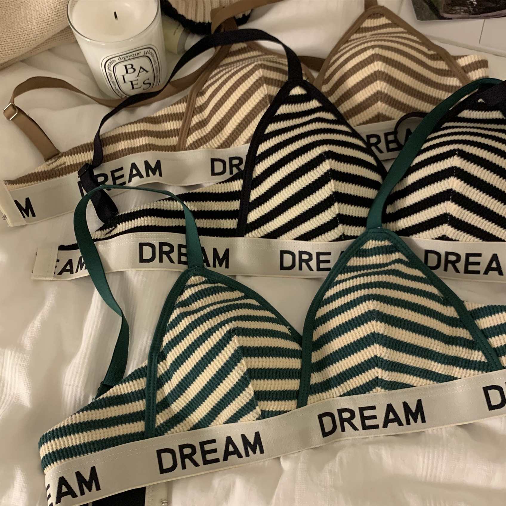 1501# French Lingerie Thin Set for Export, women's small breasts gathered together to show big letter stripes, hot girls sexy, pure cotton triangular cup bra cover, summer QNI details Picture